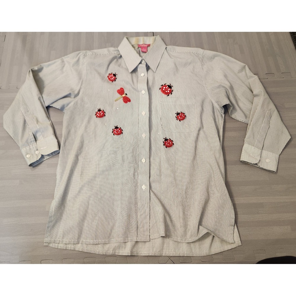 SanMiko Womens Large Blue White Striped Ladybug Dragonfly Button Up Blouse L